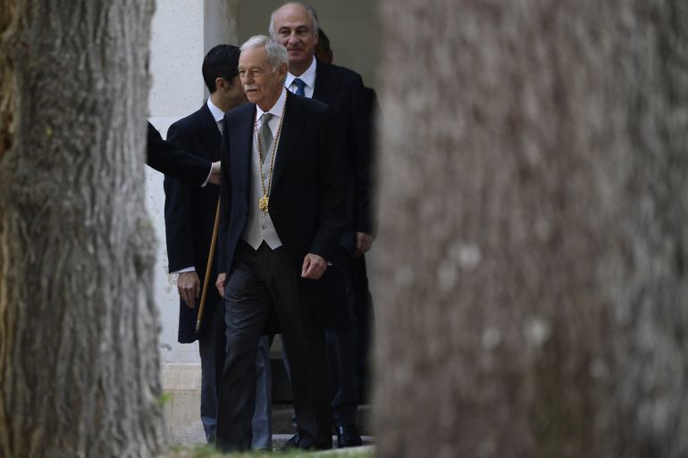 Spanish novelist Eduardo Mendoza Garriga walks during the 2016 Cervantes Prize Literature award ceremony at the University of Alcala de Henares, near Madrid, on April 20, 2017. The prize, considered the most prestigious literary award for the Spanish language and named after 16th century writer Miguel de Cervantes, Spain's greatest literary figure and the author of "Don Quixote", carries a cash award of 125,000 euros (134,000 USD). (Photo by JAVIER SORIANO / AFP)