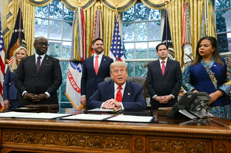 TOPSHOT - US President Donald Trump speaks during a meeting with Democratic Republic of the Congo Foreign Minister Thérèse Kayikwamba Wagner (R) and Rwandan Foreign Minister Olivier Nduhungirehe (2nd-L) in the Oval Office of the White House in Washington, DC, on June 27, 2025. Also in the meeting, US Vice President JD Vance (3rd-L) and US Secretary of State Marco Rubio (2nd-R)