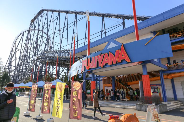 Yamanashi: The most popular "Fujiyama" playing maching entrance Fuji-Q Highland amusement park February 15, 2017 in Tokyo, Japan