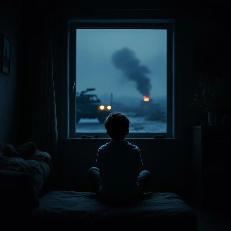 "A 12-year-old boy sitting alone in a dimly lit room, looking out of a window with a worried and sad expression, symbolizing his father’s absence. Outside, a faint military vehicle or distant smoke hints at war. The room is simple, with modest furniture, reflecting a rural home. Moody, cinematic lighting, emphasizing loneliness and childhood anxiety, realistic style."