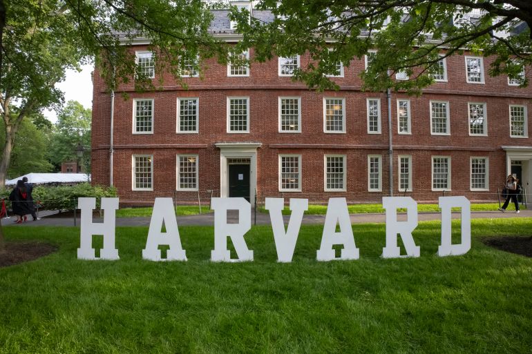 (FILES) A Harvard sign is seen at the Harvard University campus in Cambridge, Massachusetts, on May 27, 2025.