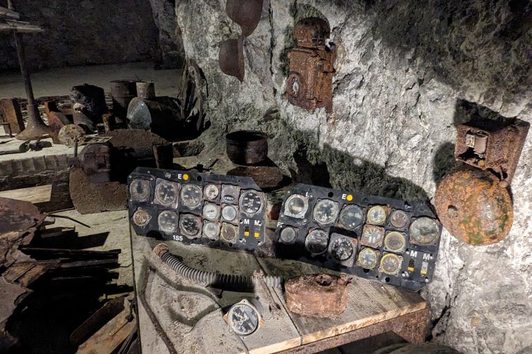 VIENNA,AUSTRIA-JULY 14 2024:Former nazi secret underground jet factory-Heinkel,Heinkel He 162 Volksjäger, Seegrotte-Hinterbruhl mine,remains of the original jet airplane from the production line; Shutterstock ID 2490805555; purchase_order: aj; job: ; client: ; other: