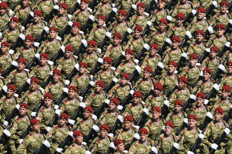 MOSCOW, RUSSIA - JUNE 24: Battalion of the National Guard (Separate Special Forces Division) march during a Victory Day military parade in Red Square marking the 75th anniversary of the victory in World War II, on June 24, 2020 in Moscow, Russia. The 75th-anniversary marks the end of the Great Patriotic War when the Nazi's capitulated to the then Soviet Union. (Photo by Evgeny Biyatov - Host Photo Agency via Getty Images )