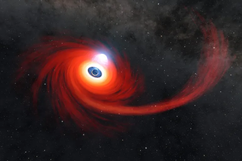 A disk of hot gas swirls around a black hole in this illustration. The stream of gas is what remains of a star that was pulled apart by the black hole. A cloud of hot plasma above the black hole is known as a corona. Credit: NASA/JPL-Caltech