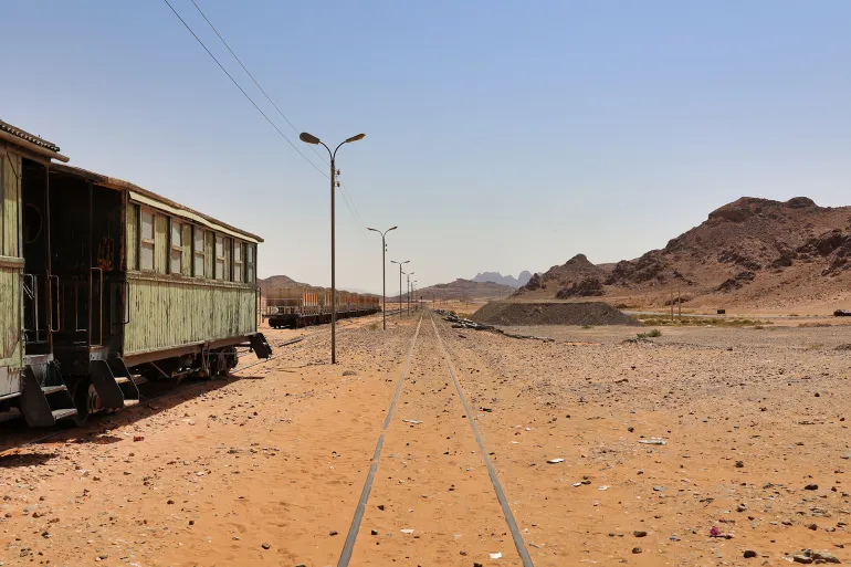 old railway train in hijaz station in the wadi rum desert, Jordan